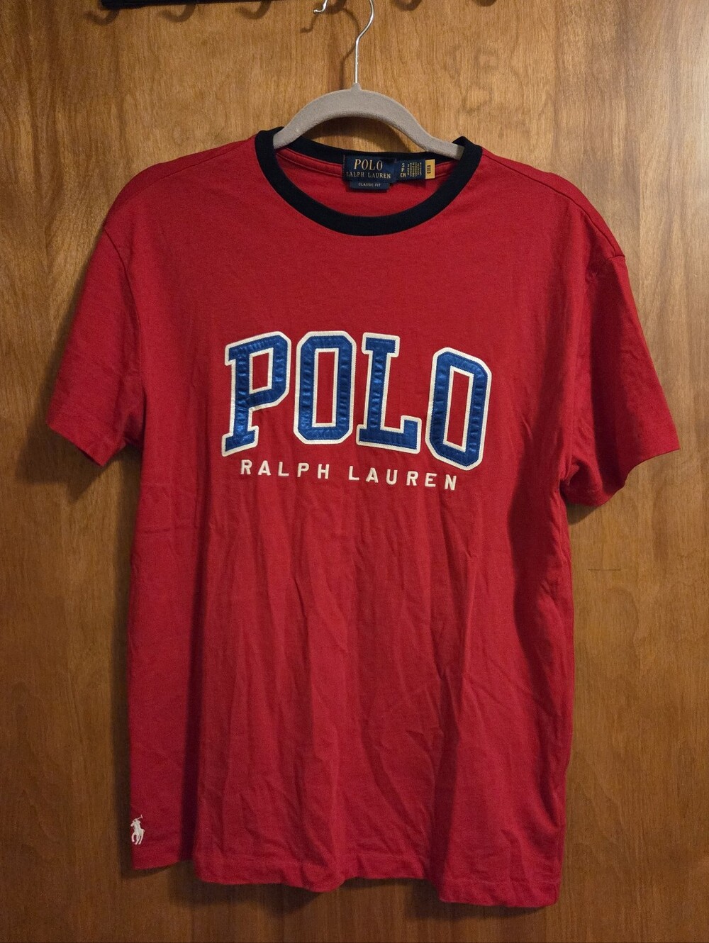 Polo Ralph Lauren Red Crewneck Tee with Sateen Blue Logo Mens Small 100% Cotton